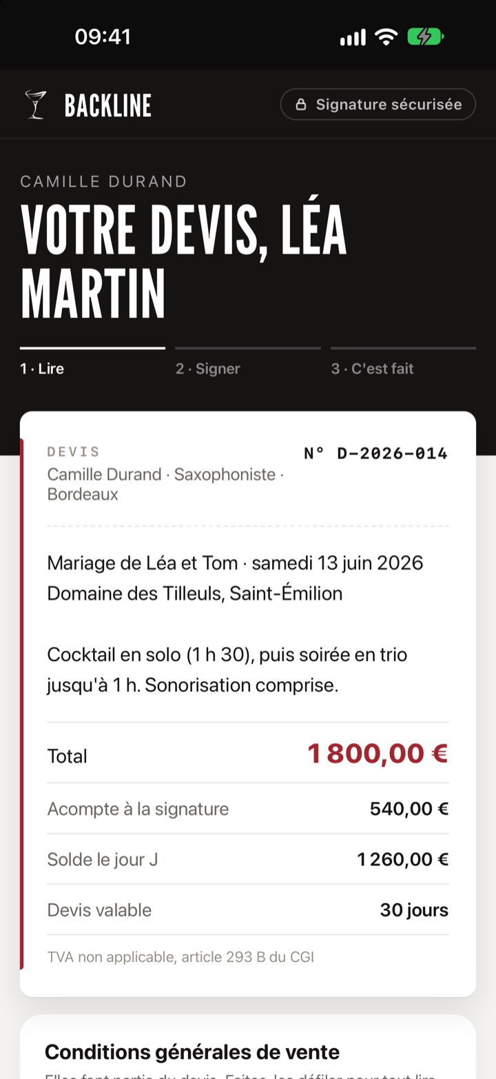 Le devis à signer, sur le téléphone du client
